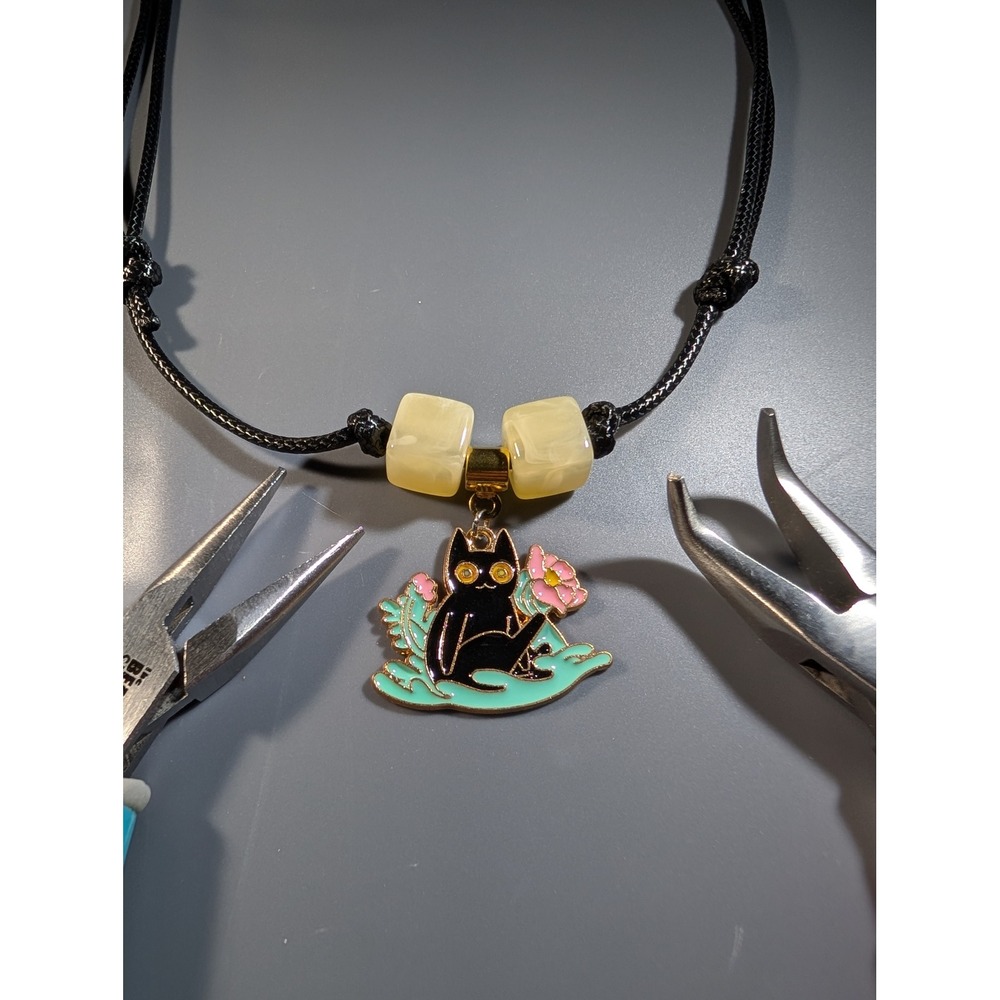 Handmade Black Cat Enamel Pendant Necklace Adjustable Cord Pink Flower Beads